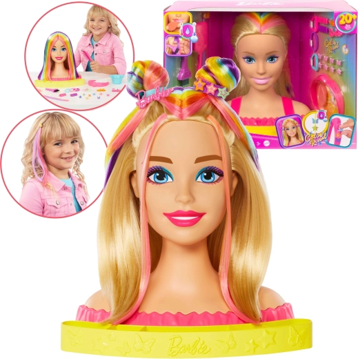 Barbie frizerska glava z barvnimi prameni in dodatki