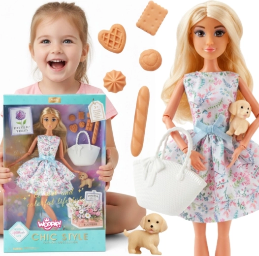 Woopie Royal punčka Lily, 30 cm, v pomladni obleki s piknikškimi dodatki in kužkom