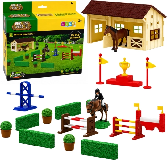 Riding stable set with horses and show-jumping course, 26 pieces
