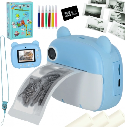 Otroški instant fotoaparat s termičnim tiskalnikom modri medvedek 32 GB