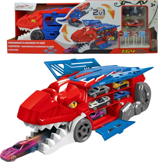 Transformirajoči dinozaver 2v1 z garažo in katapultom