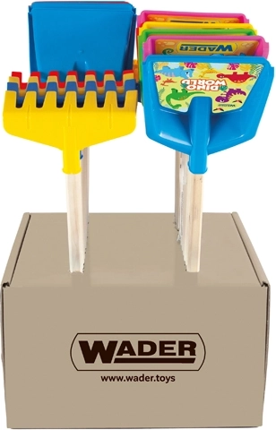 Wader Happy Summer otroška lopatka ali grablje z dolgim lesenim ročajem