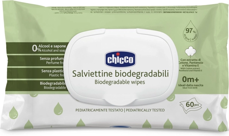 Chicco otroški vlažilni robčki brez plastike, 60 kosov