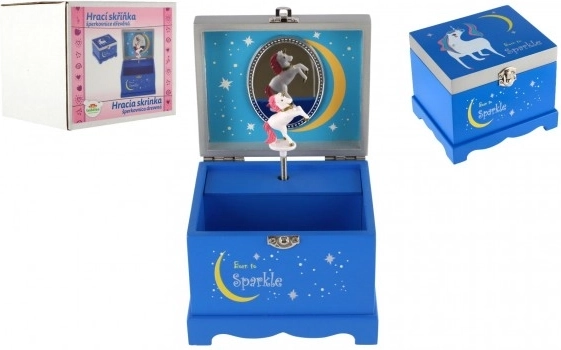 Glasbena lesena škatlica za nakit z enorogom Born to Sparkle – modra