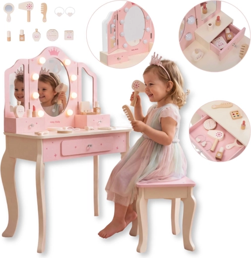 Otroška lesena toaletna mizica Milly Mally Queen Pink z LED-ogledalom