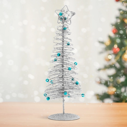 Bleščeča kovinska božična smrečica srebrne barve, 28 cm