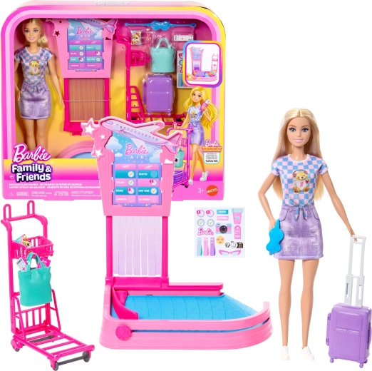 Barbie na letališču – igralni set s prijavo in prevzemom prtljage z lutko in dodatki
