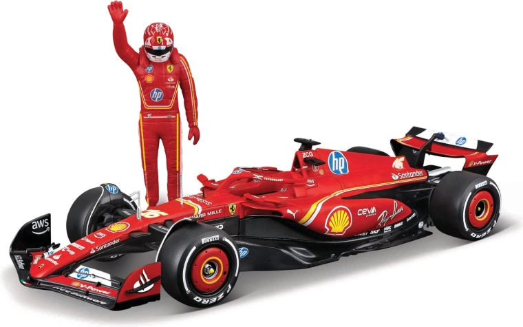 Model Bburago F1 Ferrari SF-24 (2024) s figurico dirkača Charlesa Leclerca 1:24