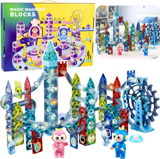 Magnetne sestavljanke – kroglični tobogan z vrtiljakom, 118 delov