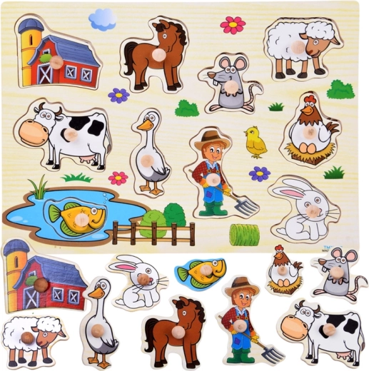 Wooden peg-in farm puzzle with knobs (10 pieces)