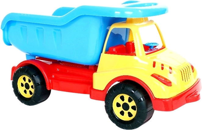 Plastic toy trucks in netting