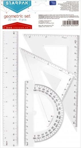 Geometrijski komplet ravnil 20 cm s kotomerom in trikotniki