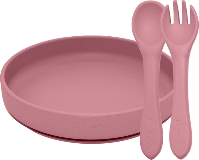 Jedilni silikonski set Petite&Mars Take&Match – krožnik s priseskom in pribor dusty rose (6m+)