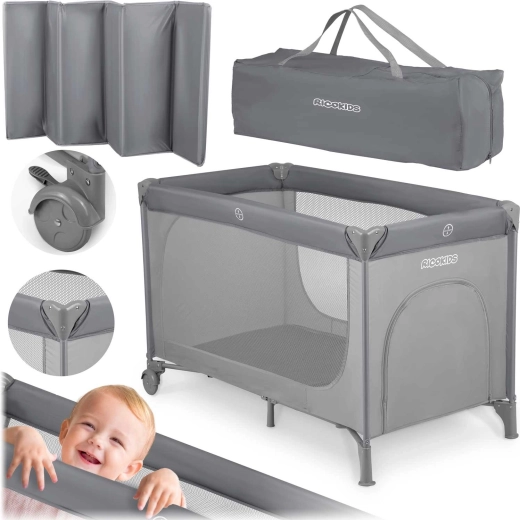Siva potovalna posteljica z vzmetnico in transportno torbo 125 × 65 × 78 cm