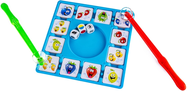 Colorful fruit cards and a clear game board