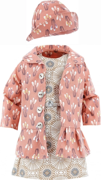 Oblačilo za punčko 48 cm – komplet plašček, oblekica in klobuček PETITCOLLIN