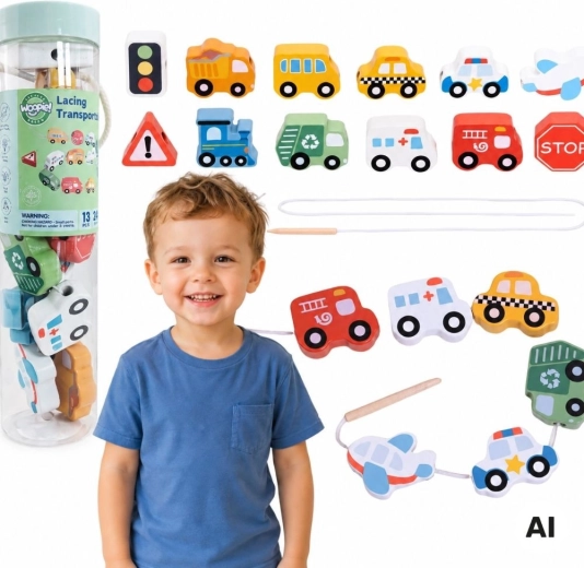 Woopie Green wooden threading toy – transport vehicles, 13 pieces