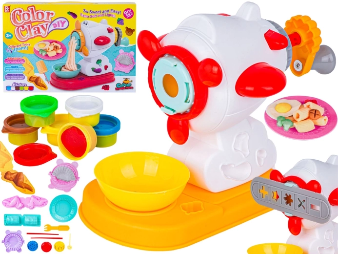 Modeling clay pasta-making set with a hand press and molds