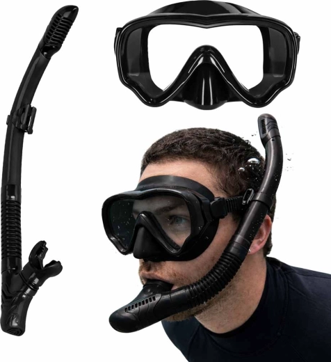Set za snorklanje – črna maska s panoramskim steklom in suhim dihalkom