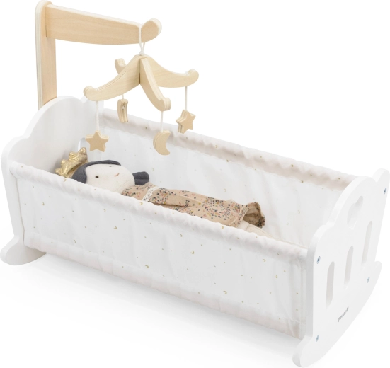 Soft bedding and wooden mobile