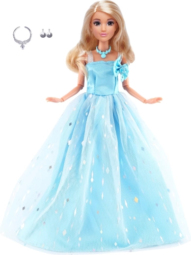 Modna punčka v dolgih svetlomodrih večernih oblekah