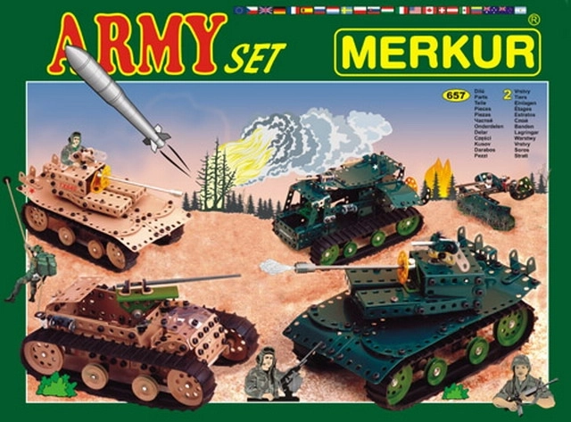 Kovinska sestavljanka Merkur Army set 674 kosov, dvoplastna škatla 36 × 27 × 5,5 cm