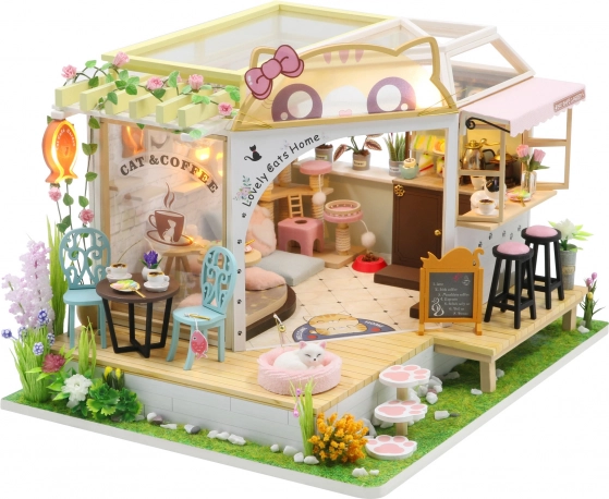 Miniaturna hišica Mačja kavarna z vrtičkom – DIY komplet z LED