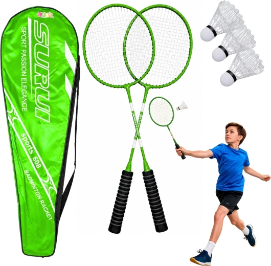 Zeleni badmintonski komplet: 2 loparja, 3 plastični žogici in torba