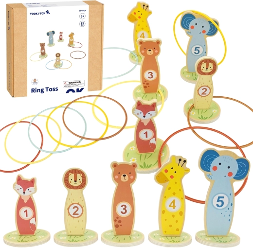 Lesena metna igra s kolobarji TOOKY TOY – živalice, 15 delov