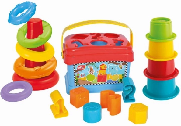 Komplet za igranje 3 v 1 - vstavljanka, piramida in lončki