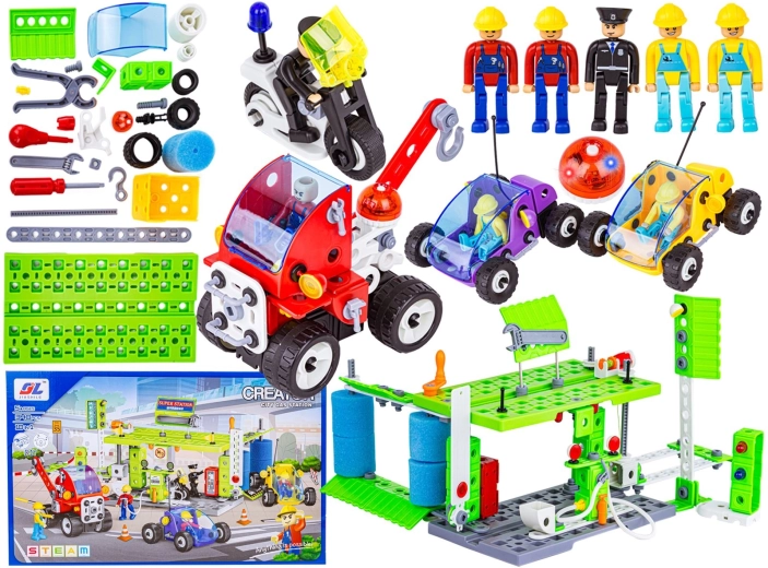 Construction set: city, 340 pieces – vehicles and gas station 10-in-1