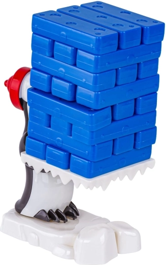 Penguin with an ice tray and a tower of 24 blocks