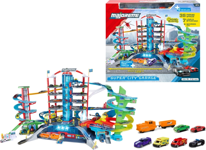 Majorette Super City Garage sedemnadstropna garaža s 6 avtomobilčki in vlakcem