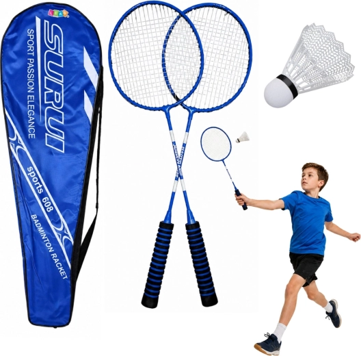 Badmintonski komplet – 2 loparja, plastična žogica in torba (modra)