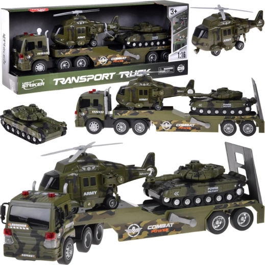 Military transport set: truck with tank and helicopter, lights and sounds