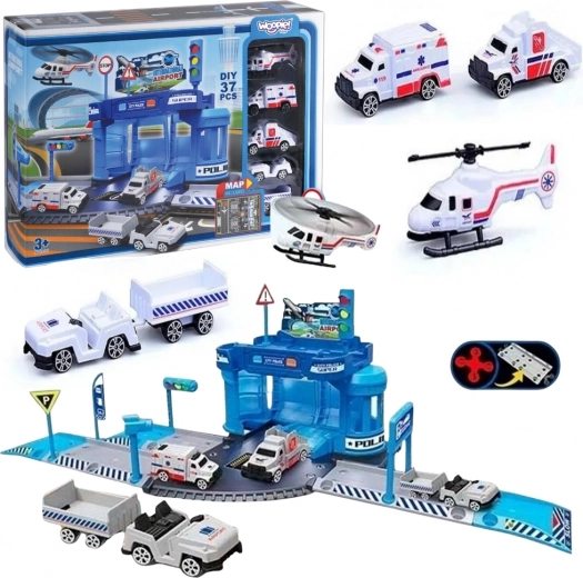 Woopie tematski set policijske postaje na letališču z avtomobili in helikopterjem, 37 delov