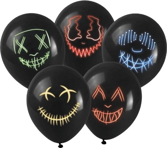 Črni lateks balon z odtisom maske LED – 1 kos
