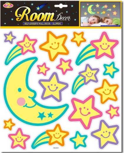 Glow-in-the-dark stick-on decoration night sky moon and stars
