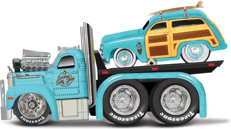 Maisto Muscle Transports 1953 Mack B-61 kesonar z 1950 Ford Woody 1:64