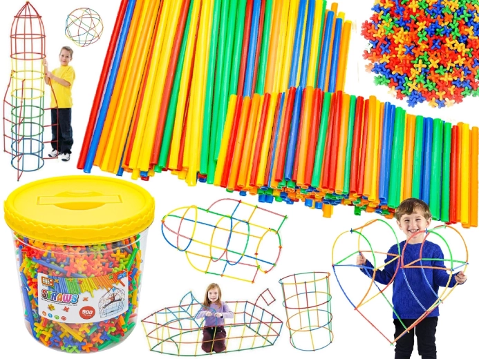 Construction sticks and connectors in a bucket (approx. 900 pieces)