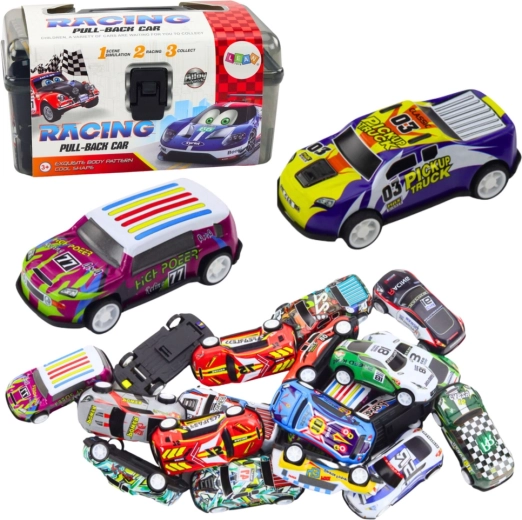 Set of 25 metal toy cars in a case with a road play mat
