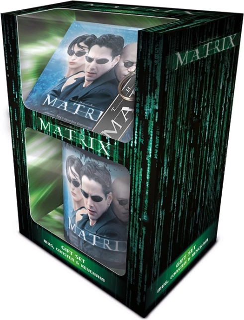 Darilni set MATRIX – keramična skodelica, gumijast obesek za ključe in plutovinast podstavek