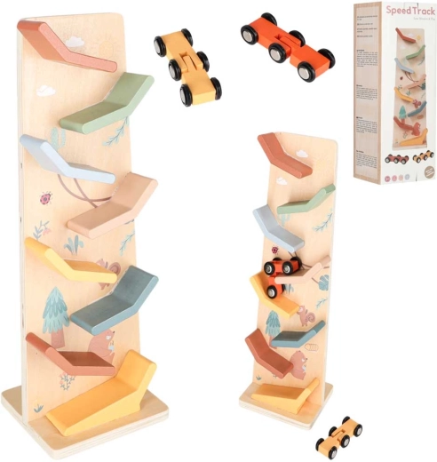 Wooden car ramp track with slide and 2 cars