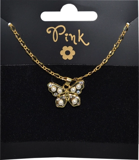 Pozlačena ogrlica z obeskom metulja in biseri