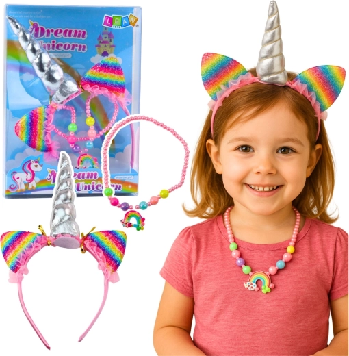 Otroški set Dream Unicorn – naglavni trak z rogom in barvna ogrlica