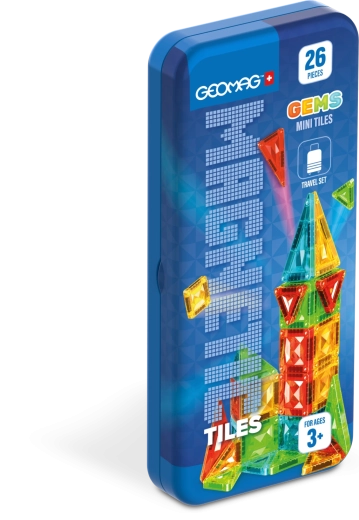 Geomag GEMS Mini Tiles 26 kosov – magnetna sestavljanka v potovalnem kovinskem boxu