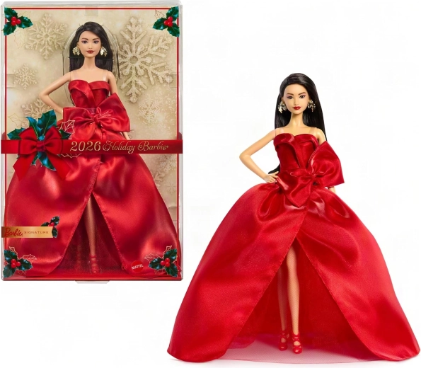 Mattel Barbie Signature božična zbirateljska punčka 2026 s črnimi lasmi v rdeči obleki