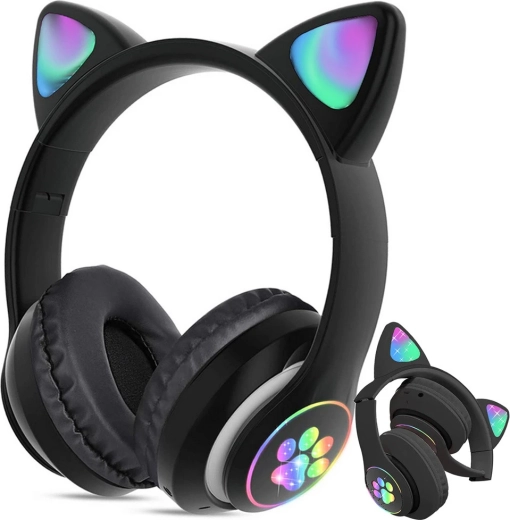 Brezžične slušalke z mačjimi ušesi z LED osvetlitvijo, Bluetooth, FM radiem in MP3 – črna