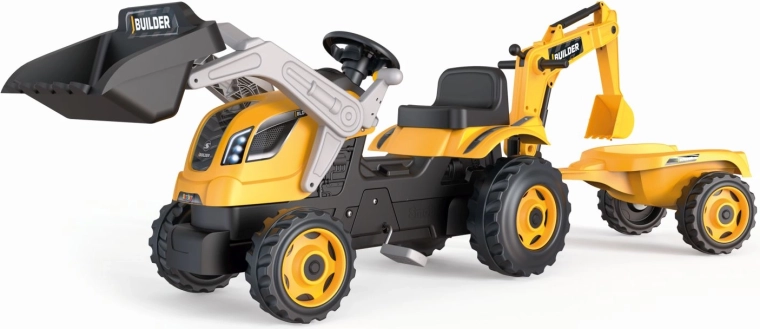 Otroški traktor na pedala Builder Max z nakladalnikom in prikolico