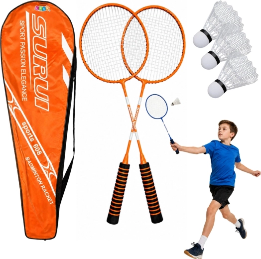 Badmintonski komplet z 2 loparjema, 3 žogicami in torbo, oranžen